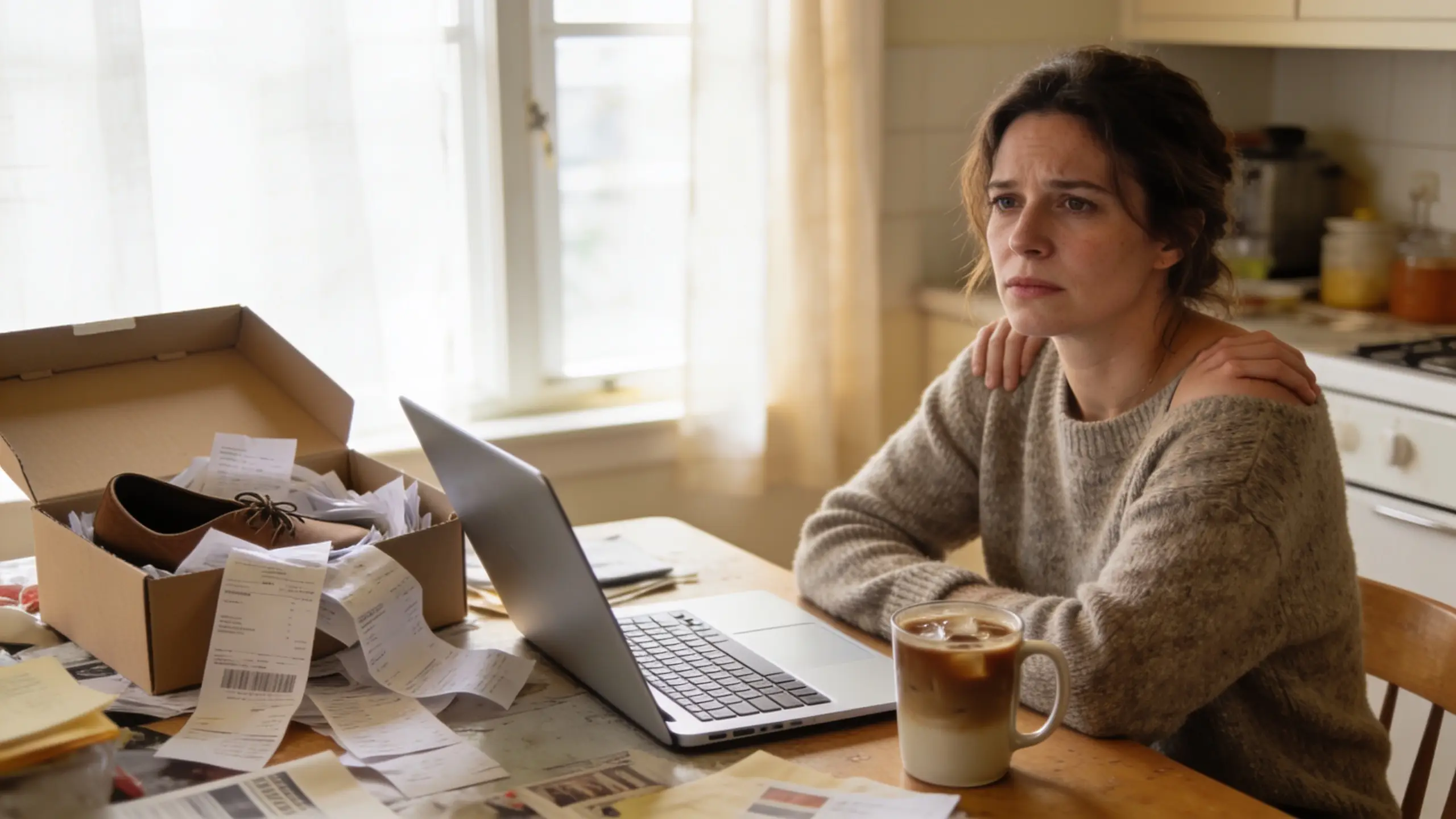 A small-business owner at her kitchen table with a laptop and a shoebox of paper receipts, morning window light