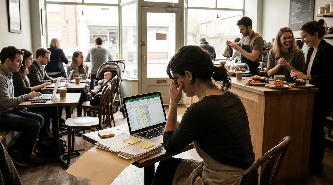 A packed coffee shop with the owner sitting at a back table, tense over a laptop and paperwork while the cafe hums behind her
